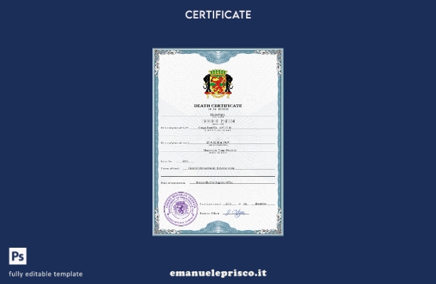modello PSD del certificato di morte del documento di stato civile del Congo in 